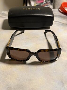 Versace Black and Tortoiseshell Rectangular Sunglasses with Gold Accents
